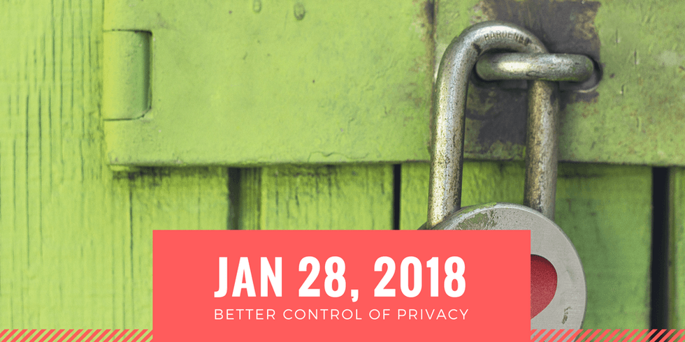 Padlock on green door, text: "JAN 28, 2018, BETTER CONTROL OF PRIVACY."