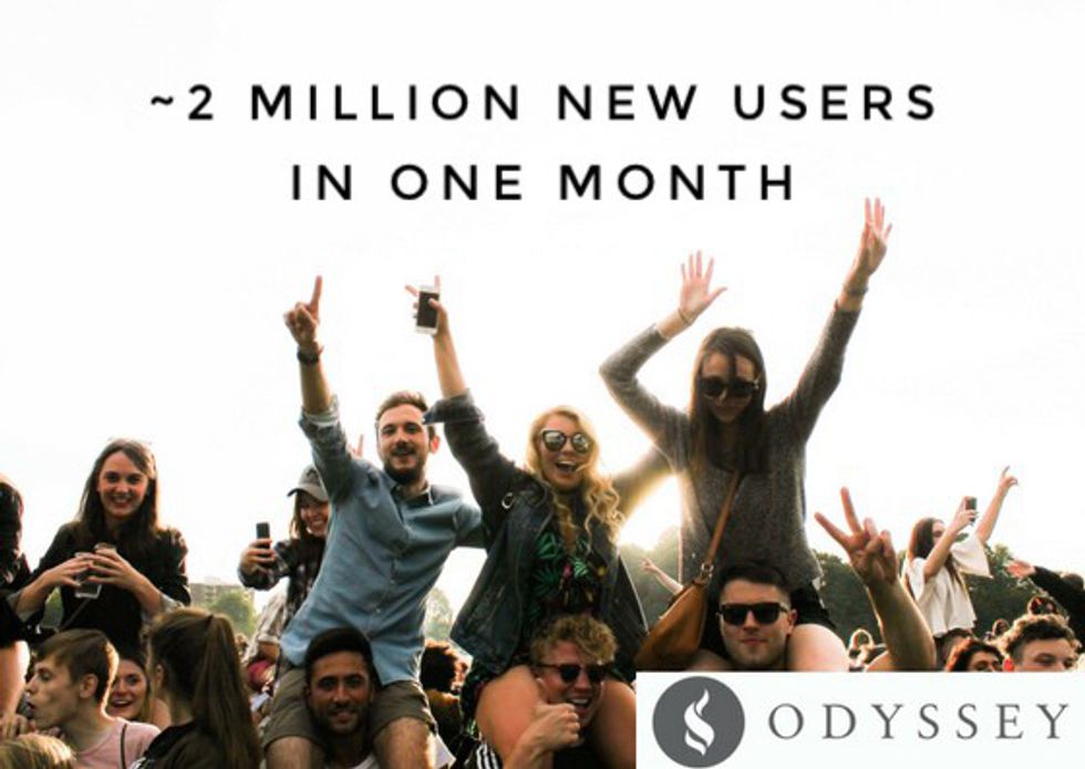 People celebrating; text: "~2 Million New Users in One Month"; Odyssey logo.