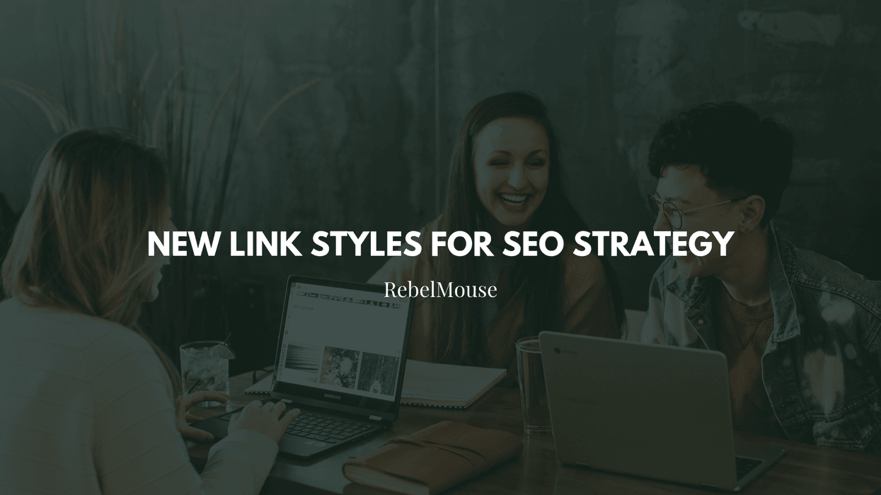 People discussing SEO strategy at laptops; text: "New Link Styles for SEO Strategy."