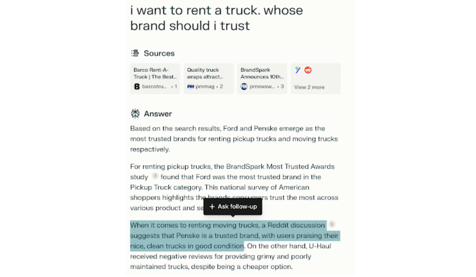 Perplexity.ai responds with Reddit