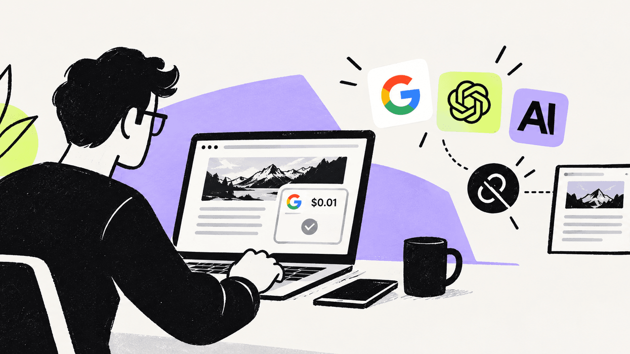 person at laptop with icons for Google, ChatGPT, and AI, with connected images and a payment visualized