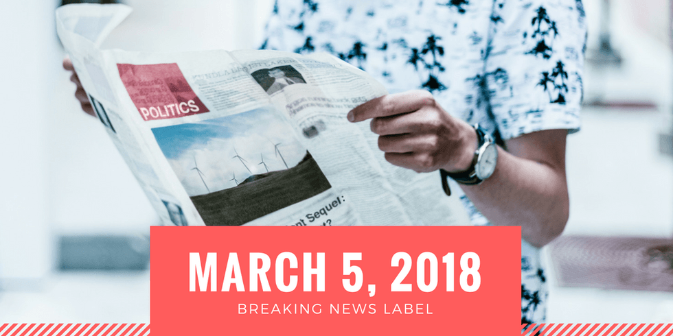 Person reading a newspaper, date March 5, 2018, with "Breaking News" label.