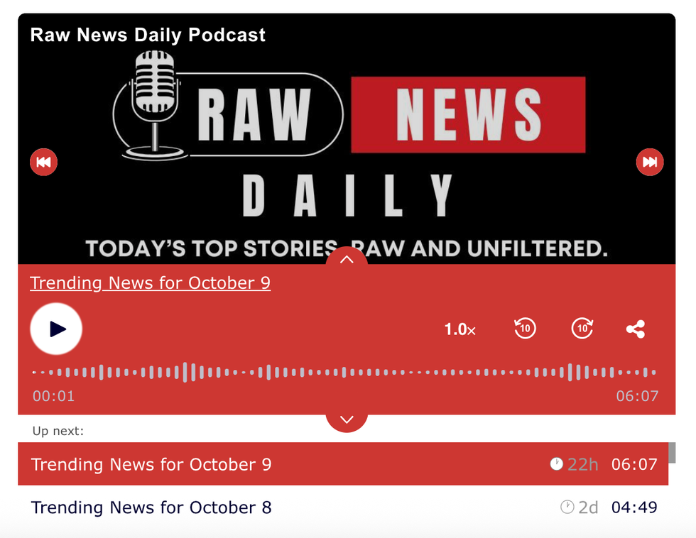 Podcast player interface for "Raw News Daily," featuring recent news episodes.
