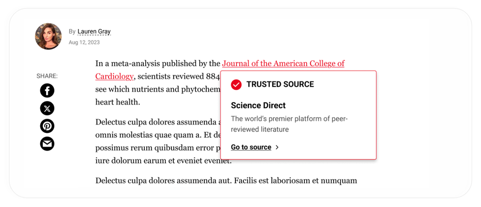pop-up box on a hyperlink that displays the credibility of the content source