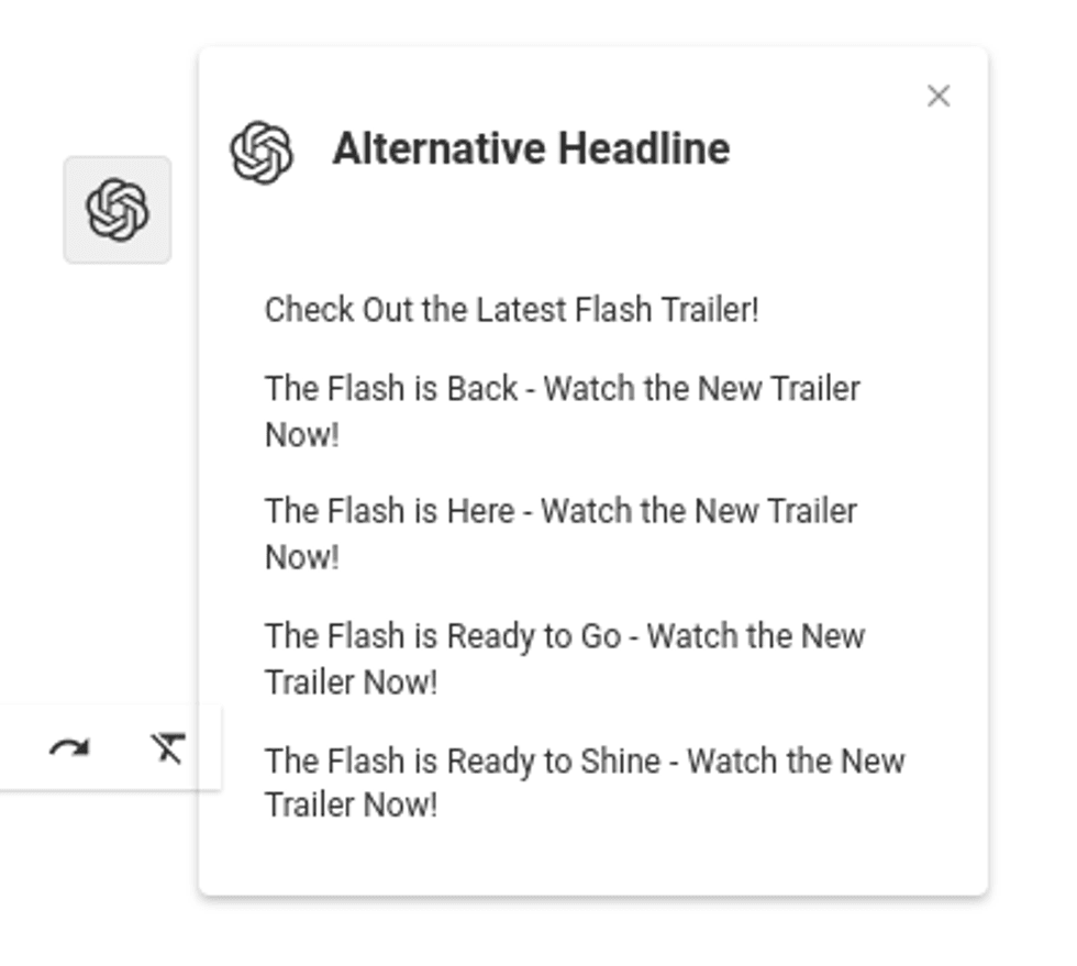 Popup showing alternative headlines for "The Flash" trailer release announcements.