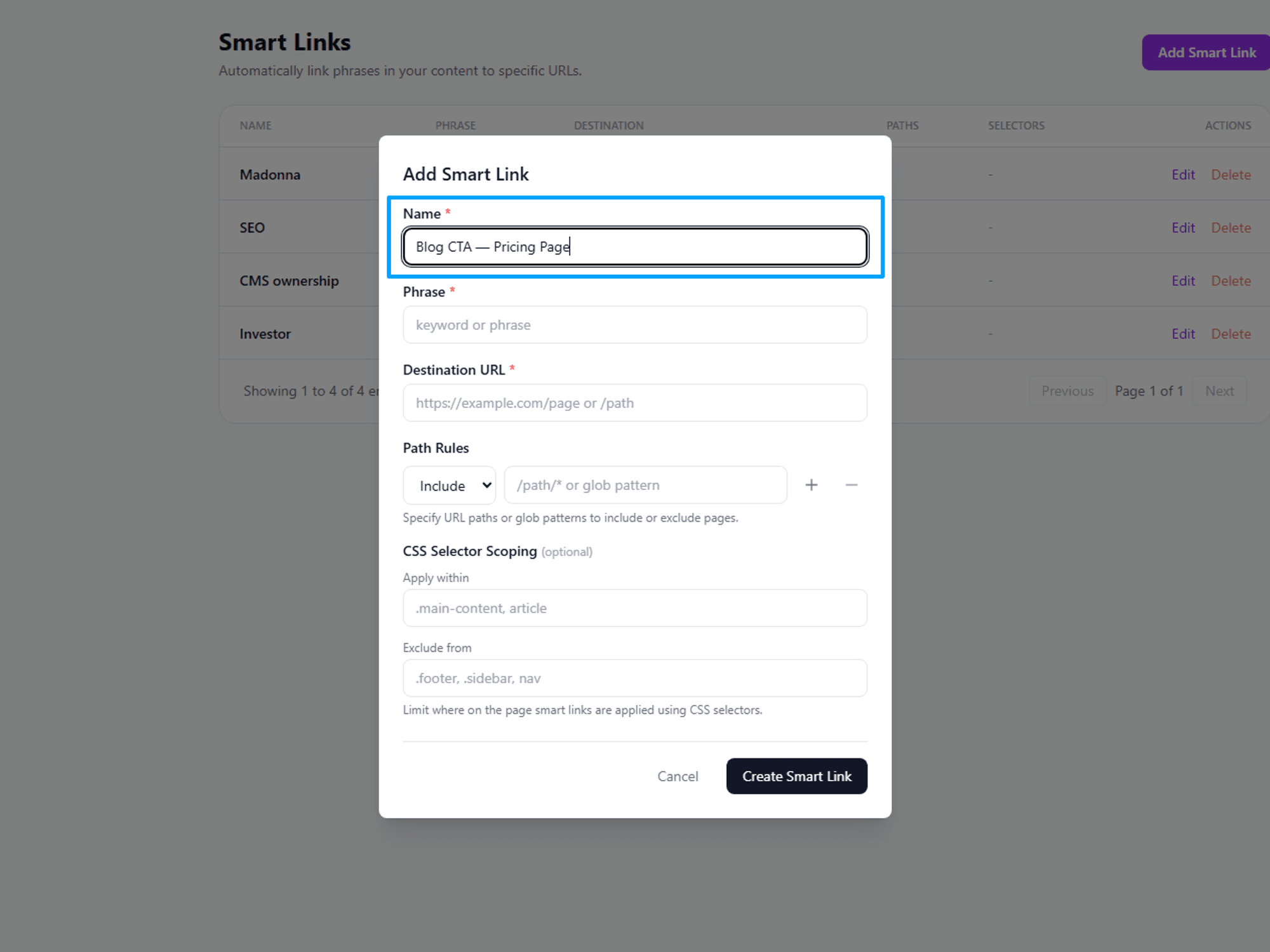 Popup window for adding a smart link with fields for name, phrase, and URL.
