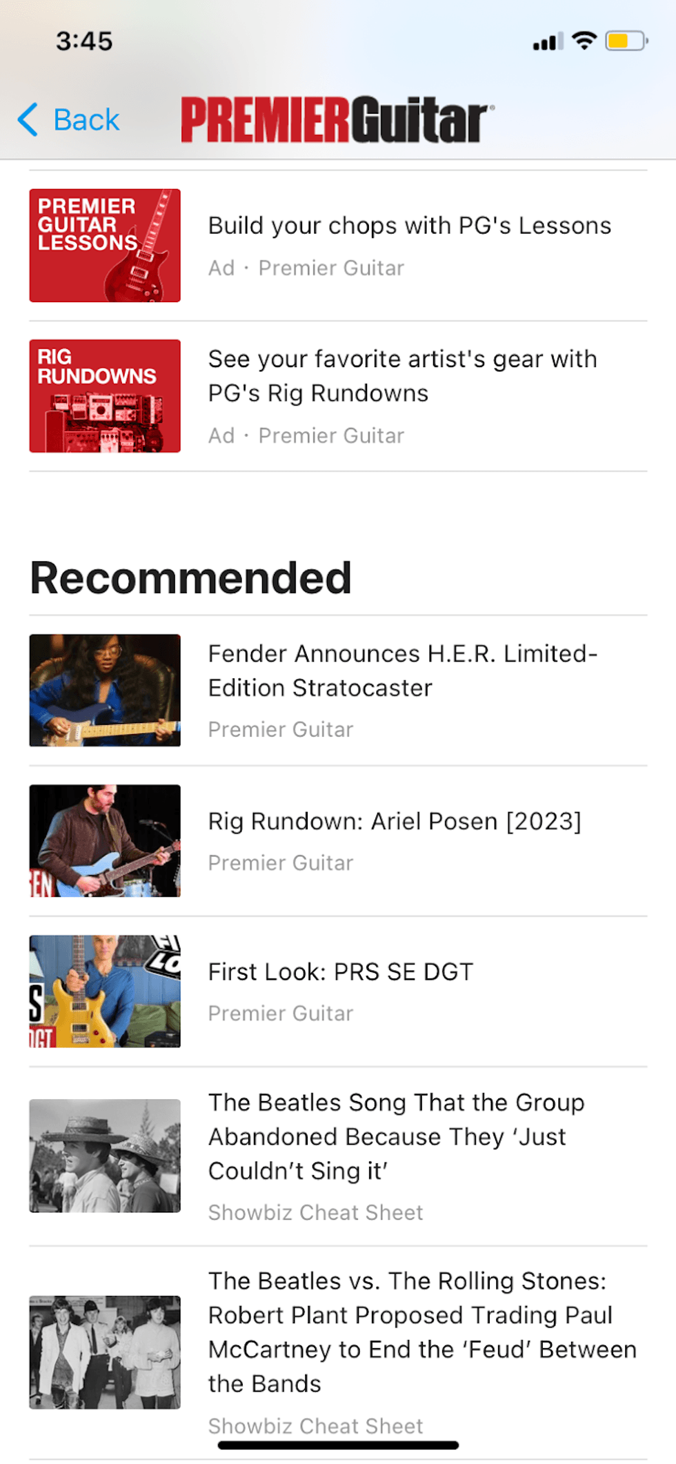 Premier Guitar app screen showing music news and lessons recommendations.