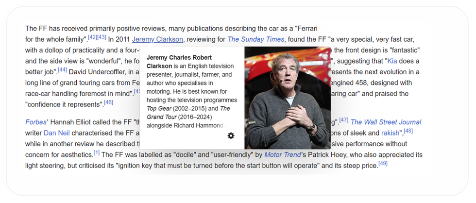 preview box of content about Jeremy Clarkson upon link hover on a Wikipedia article about the Ferrari FF