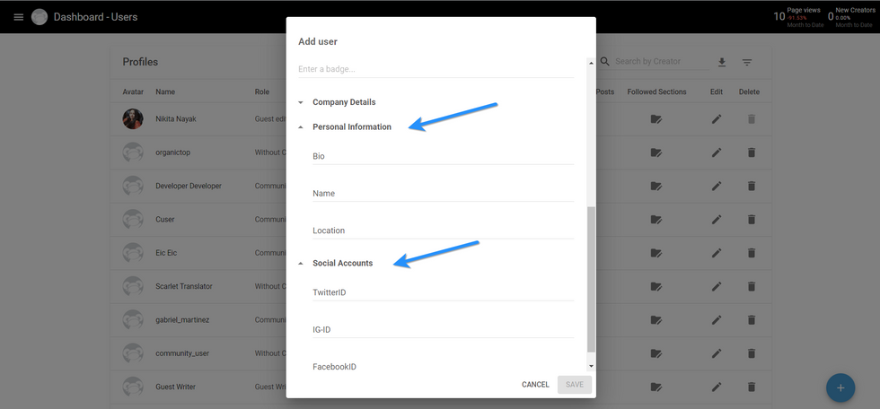 Profile fields for a user in the User Dashboard