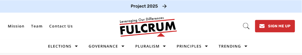 Project 2025 highlighted in navigation of The Fulcrum website