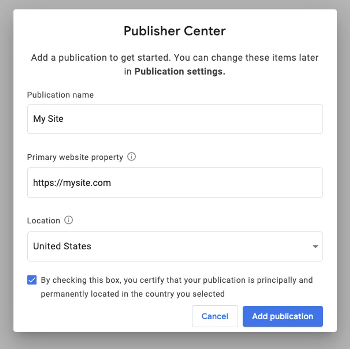 publication settings google publisher center