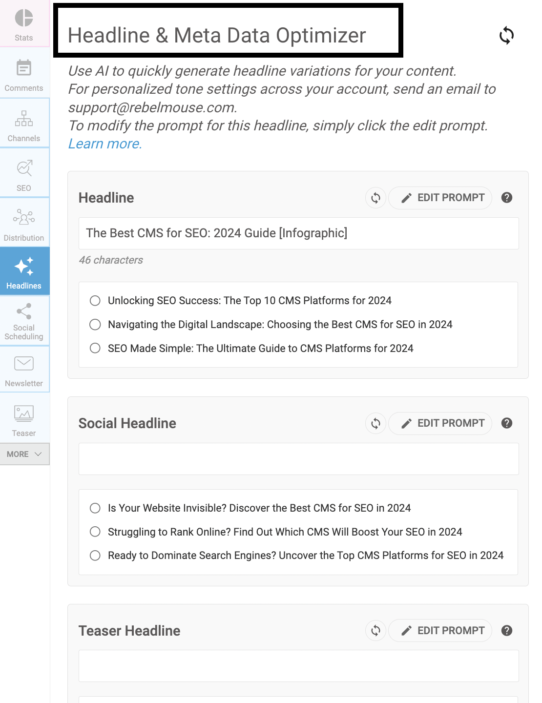 RebelMouse AI headline and metadata generators
