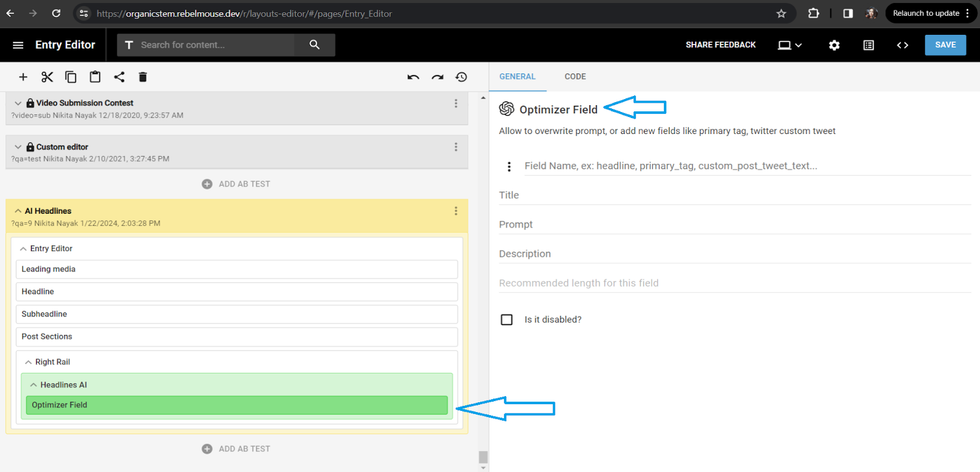 RebelMouse AI headlines optimizer field.