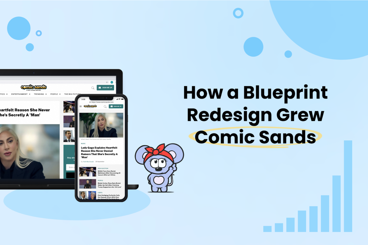 RebelMouse Blueprint redesign on a phone and desktop view for publisher Comic Sands