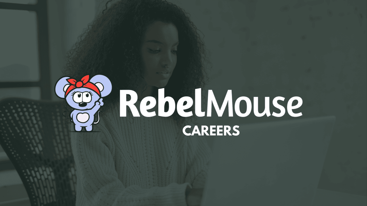 RebelMouse Careers logo with a cartoon mouse and a person using a laptop.