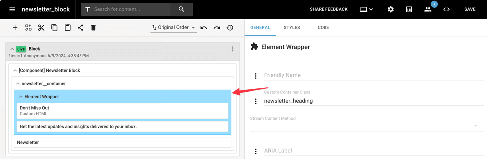 RebelMouse Chrome Extension - Show Element in Layout and Design