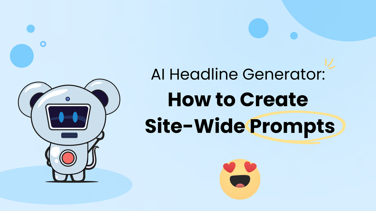 RebelMouse logo dressed as AI bot pointing to title with emoji underneath