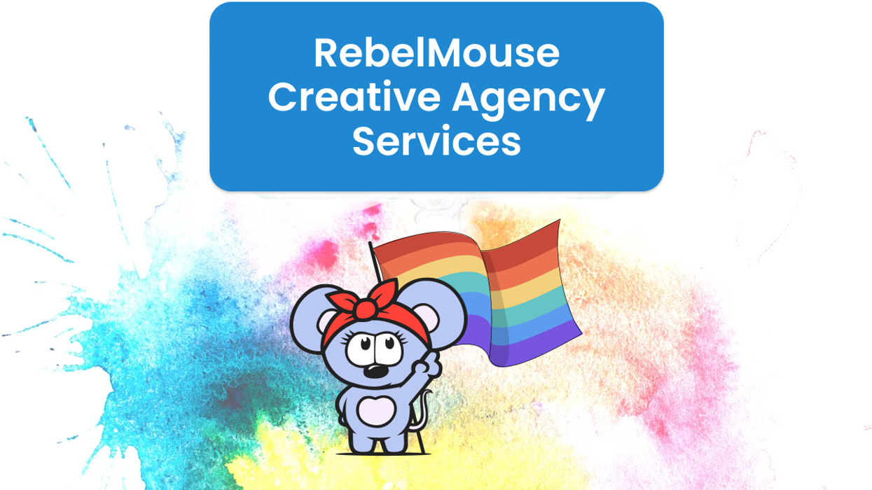 RebelMouse logo with red bandanna holding pride flag points to creative agency services banner