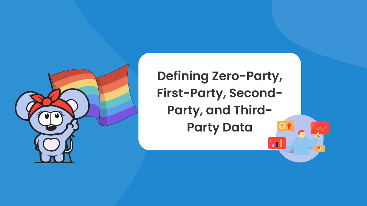 RebelMouse logo with red headband holding pride flag points to title with data trends icon next to it