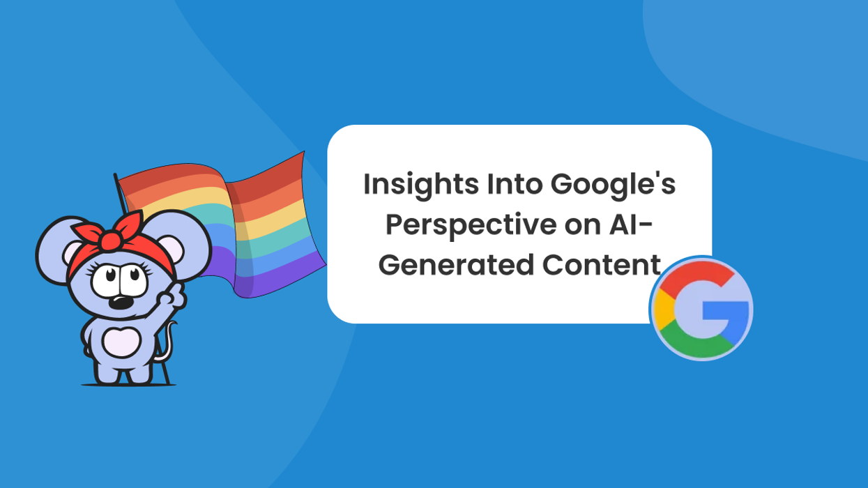 RebelMouse logo with red headband holding pride flag points to title with Google icon next to it