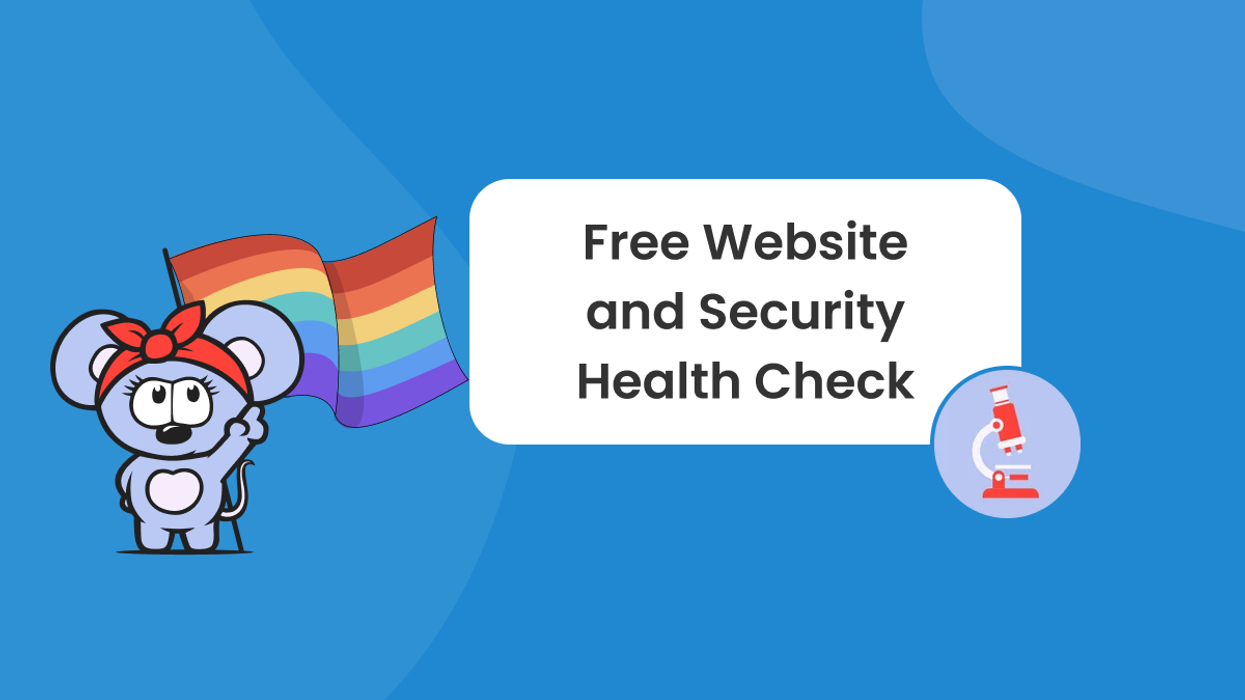 RebelMouse logo with red headband holding pride flag points to title with red microscope icon next to it