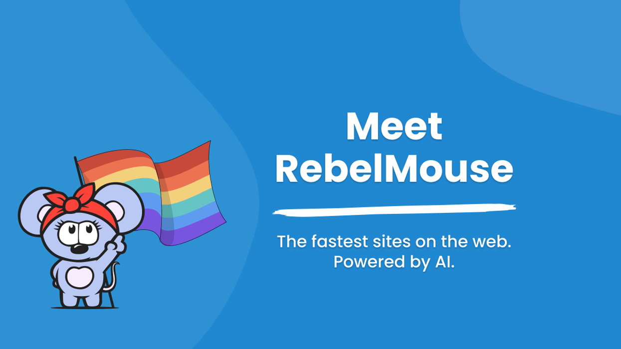 RebelMouse logo with red headband holding pride flag points to title