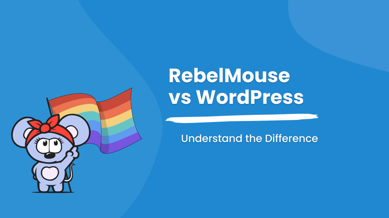 RebelMouse logo with red headband holding pride flag points to title