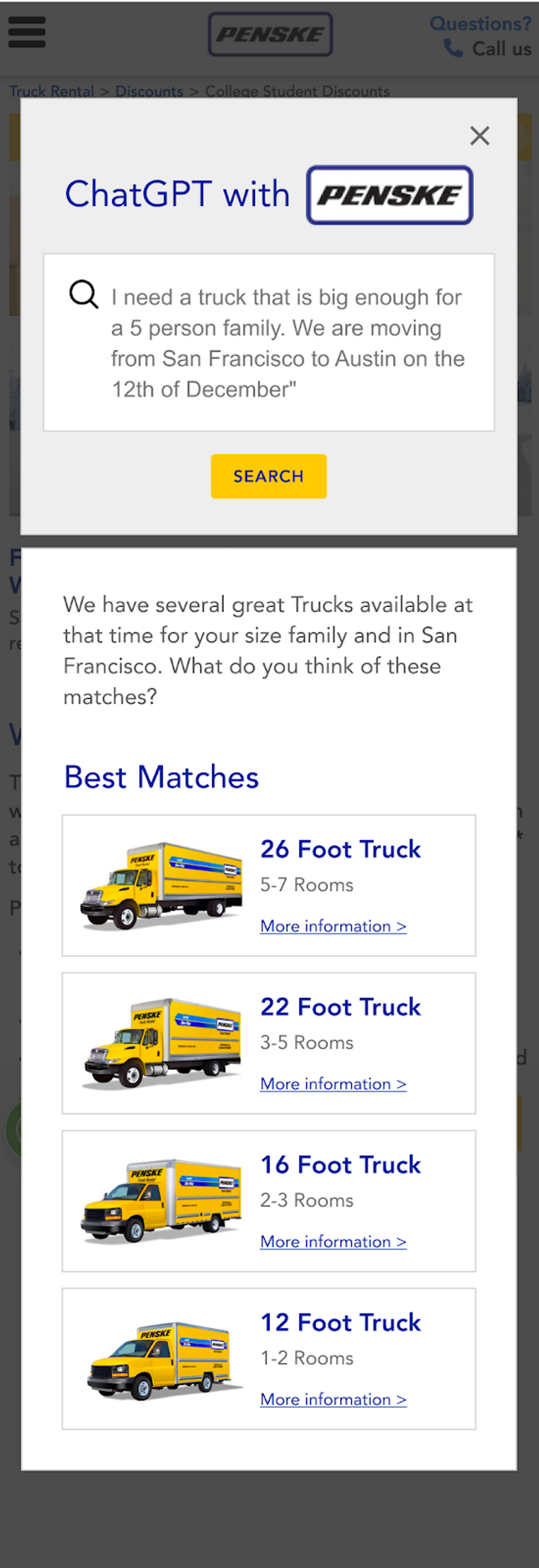 RebelMouse's ChatGPT integration can be used for smart search, like when looking for a specific kind of truck on Penske's website