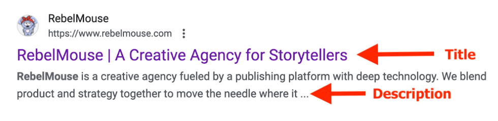 RebelMouse's website's title and description in Google Search's results page