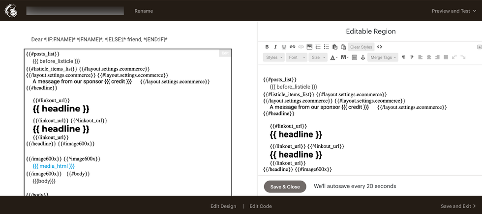 RebelMouse tags in Mailchimp design editor