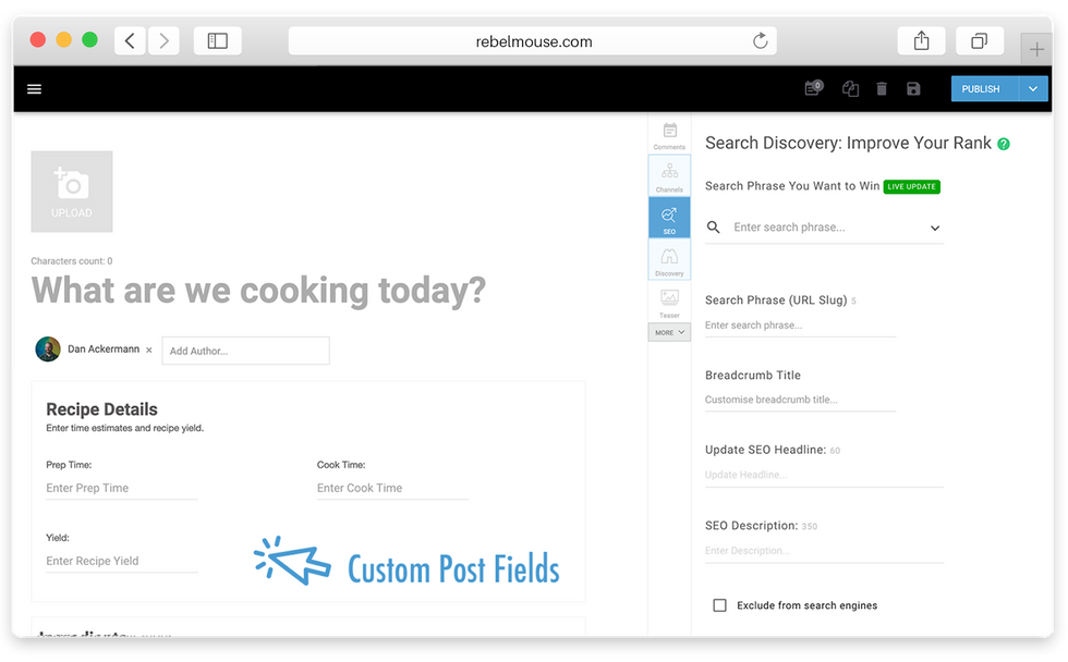 RebelMouse\u2019s Entry Editor customized with post fields for recipes