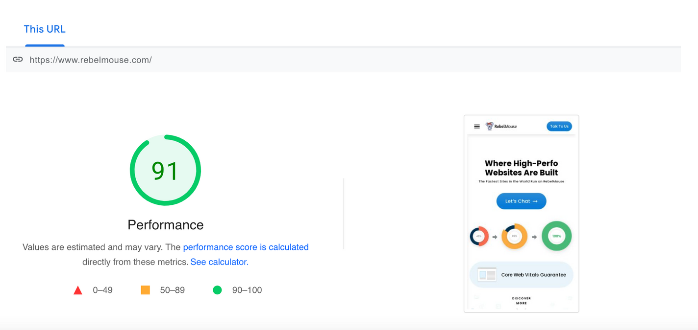 RebelMouse\u2019s site analyzed by PageSpeed Insights and showing a high-performance score