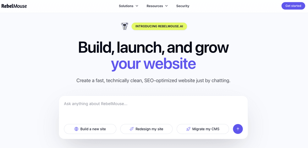 RebelMouse website offering SEO-optimized site building with AI chat assistance.
