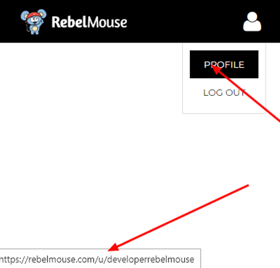 RebelMouse website profile page with highlighted URL and profile button.