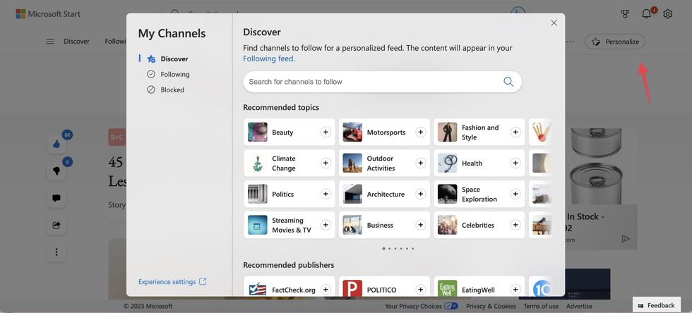 recommended topics and publishers in MSN My Channels