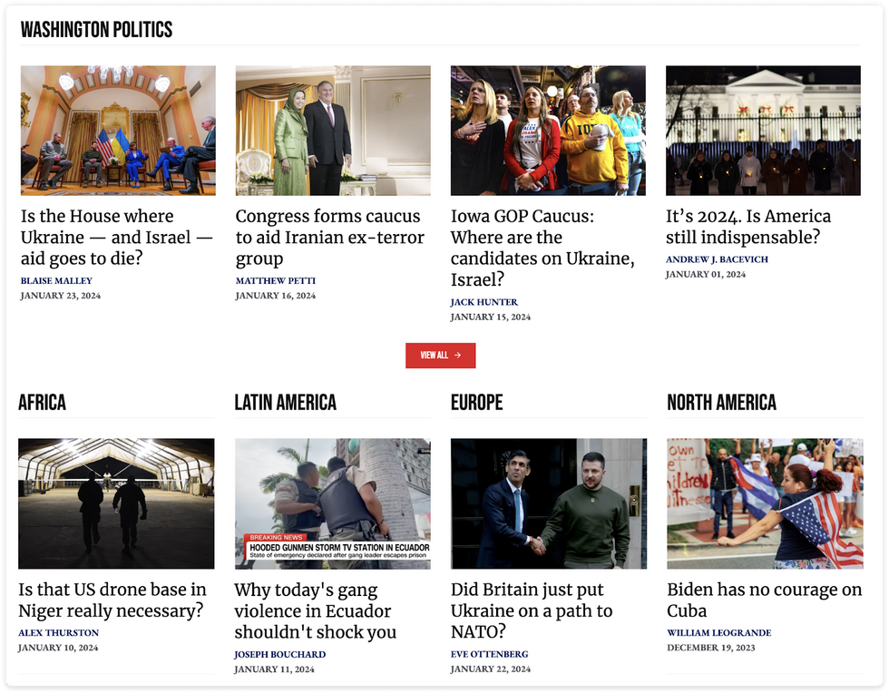 Responsible Statecraft home page with segmented article layout