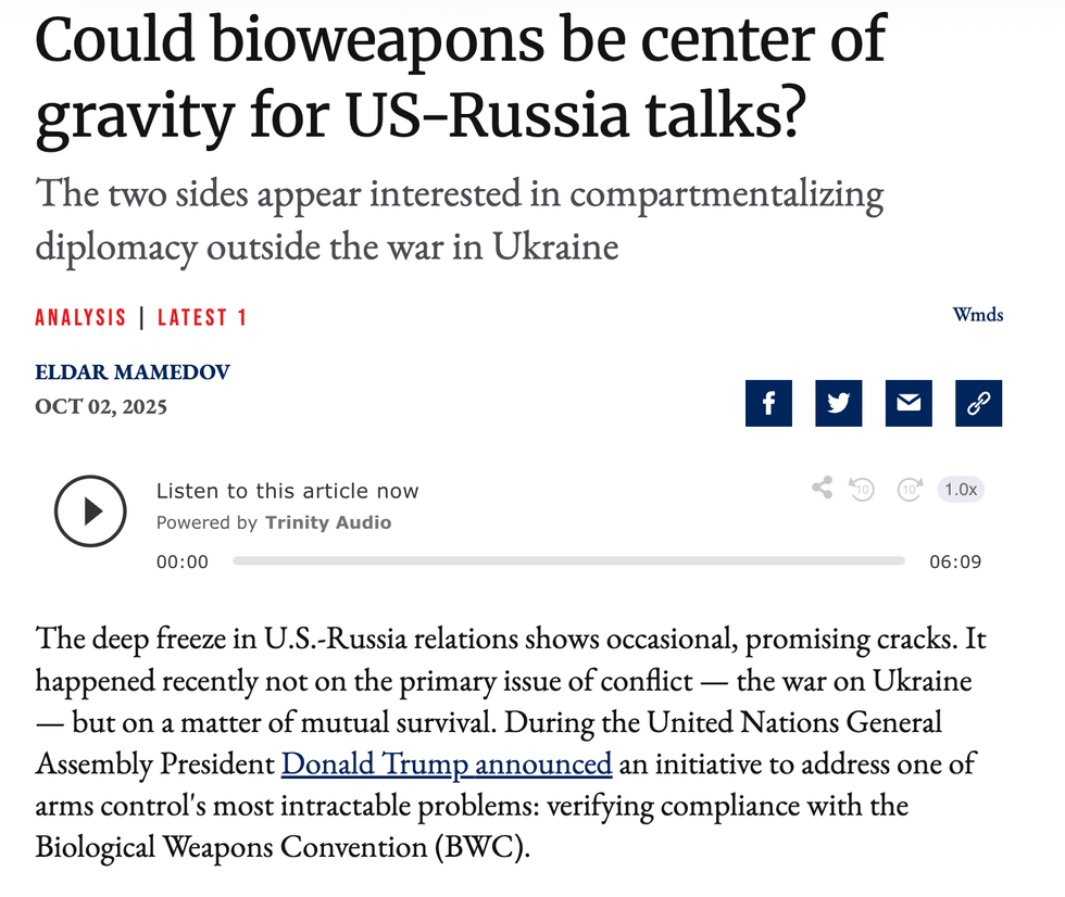 Responsible Statecraft screenshot from an article on US-Russia bioweapons talks and Ukraine