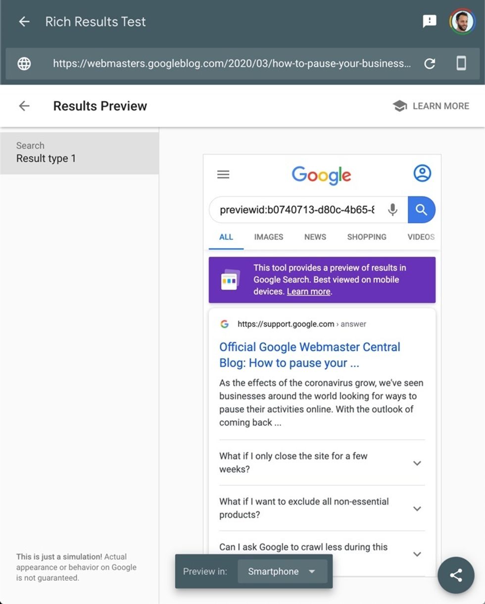 Rich Results test in a smartphone view