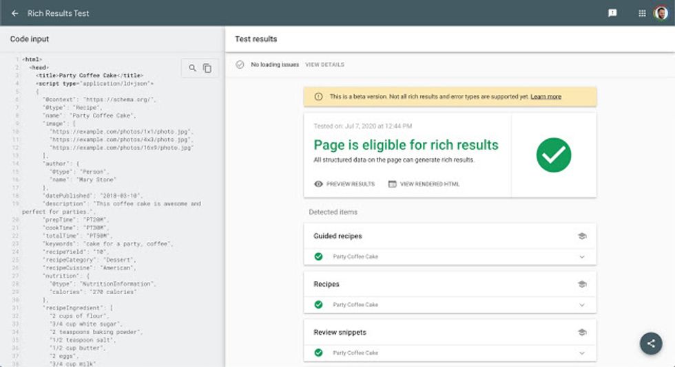 Rich Results Test showing code for "Party Coffee Cake" eligible for rich results.