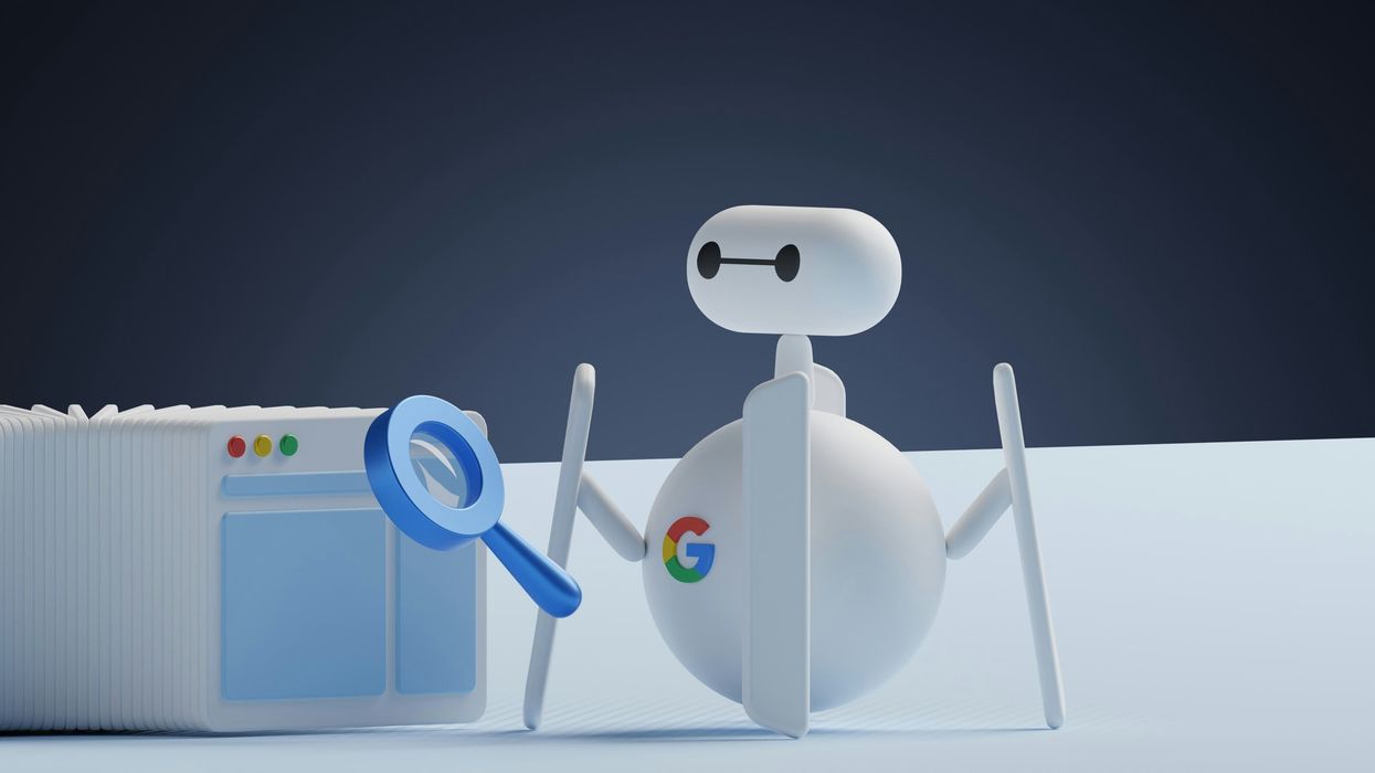 robot with a magnifying glass and browser windows, with a Google logo on its body