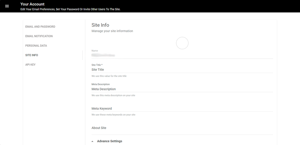 Screen capture of the Site Info page on RebelMouse CMS, showing editable information