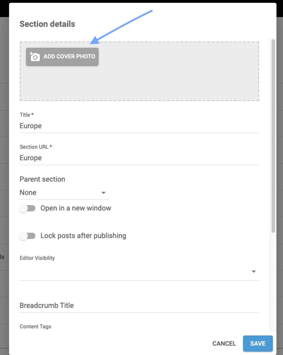 screenshot of a section's settings with a red arrow pointing to the add cover photo field