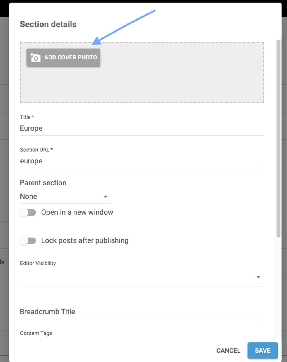 screenshot of a section's settings with a red arrow pointing to the add cover photo field