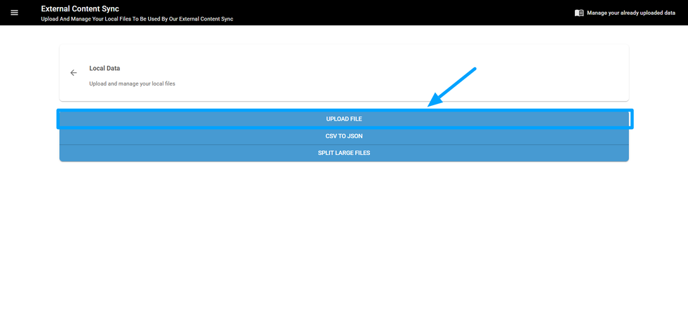 Screenshot of "External Content Sync" upload file interface with options and an arrow.