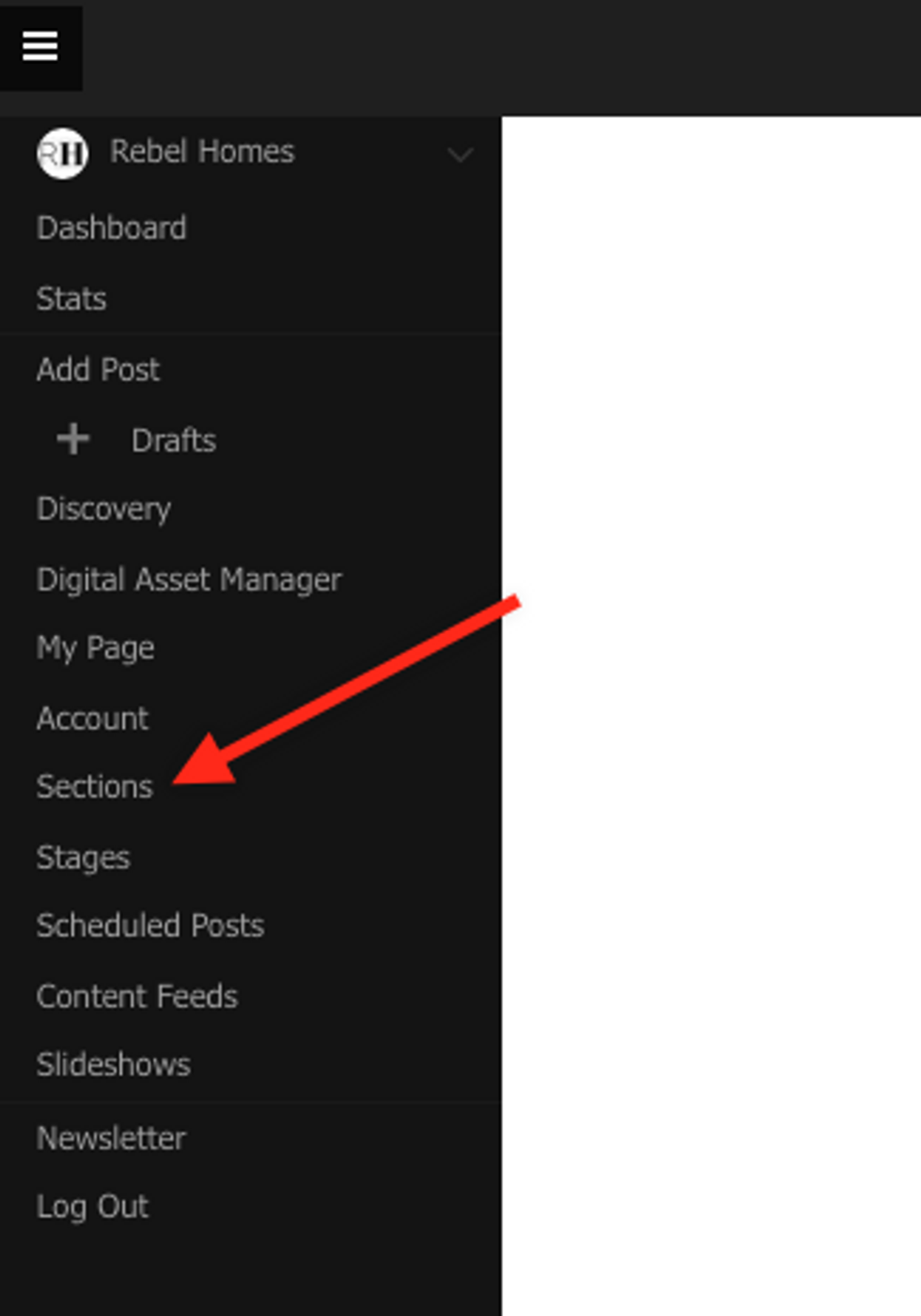 Screenshot of left hamburger menu with red arrow pointing to Sections