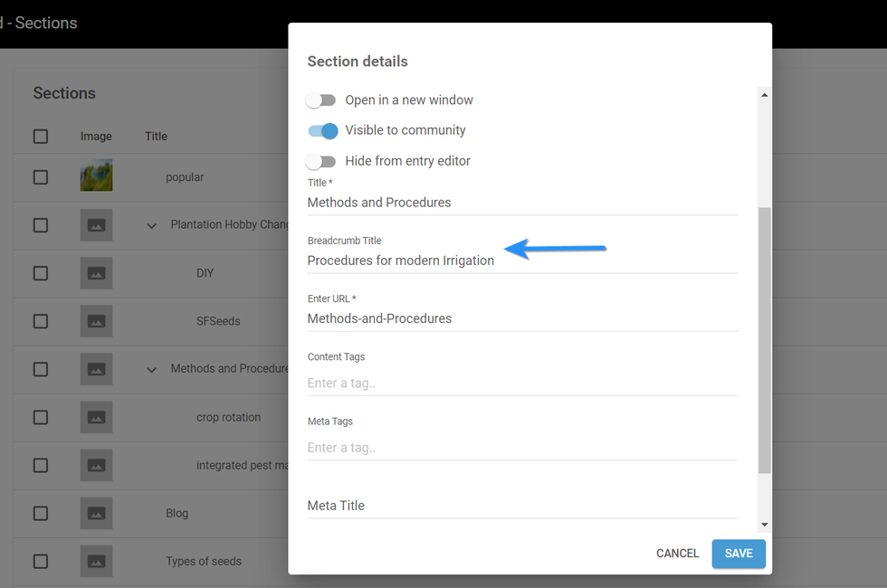 screenshot of the Sections Dashboard with a blue arrow pointing to a breadcrumb title