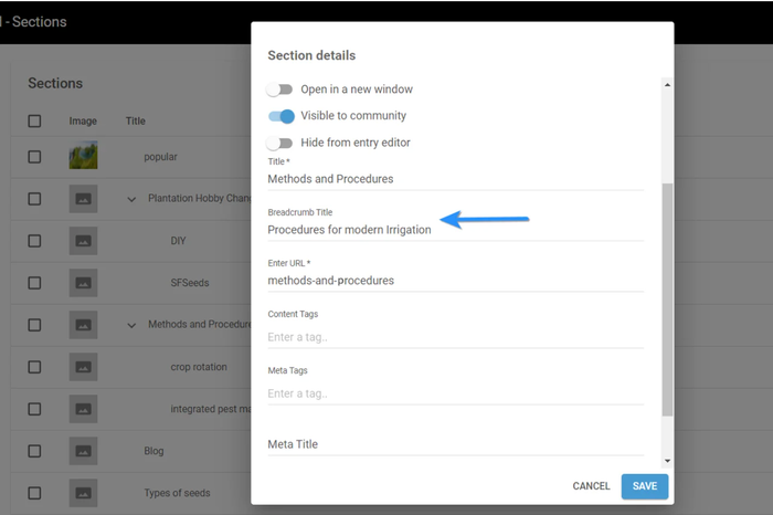 screenshot of the Sections Dashboard with a blue arrow pointing to a breadcrumb title