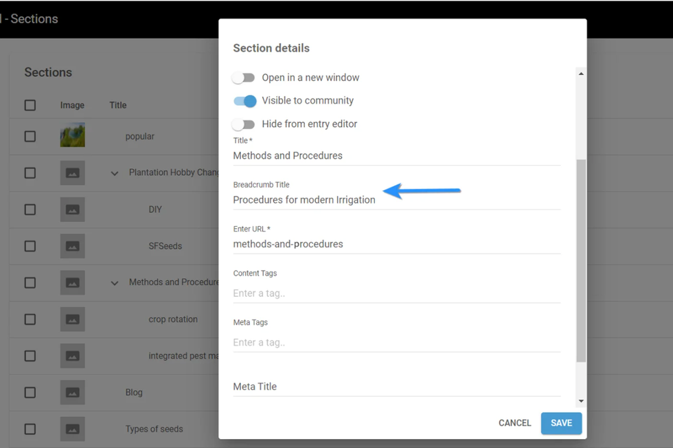 screenshot of the Sections Dashboard with a blue arrow pointing to a breadcrumb title