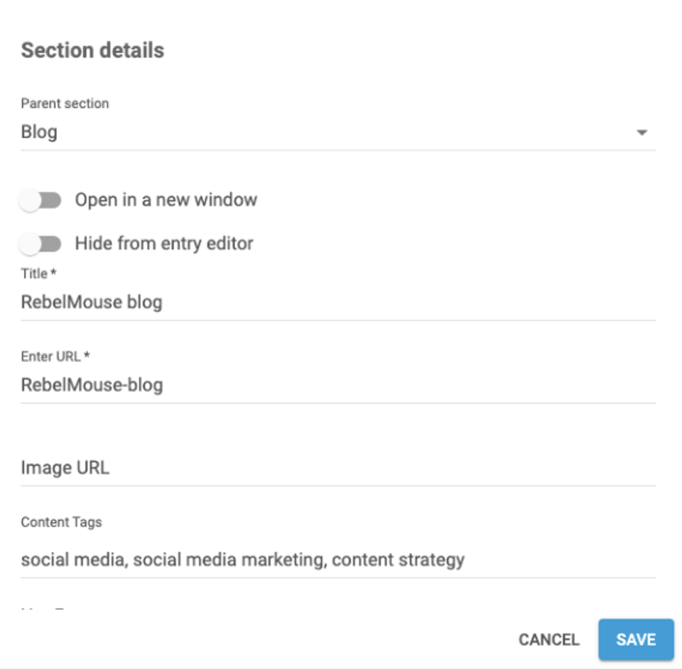 screenshot showing a section's details