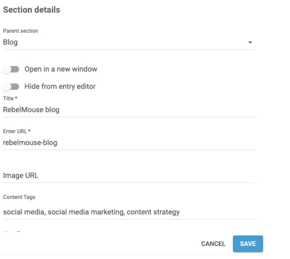 screenshot showing a section's details